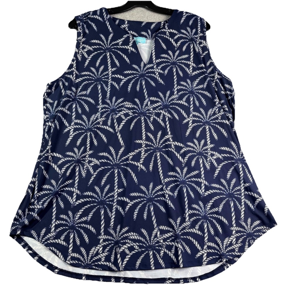 Anthony's Resort Wear Top Women's 1X Sleeveless Blue Palm Trees  AOP Cruise